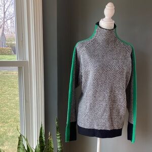 Herringbone Knit Sweater with Green Stripe Accents
